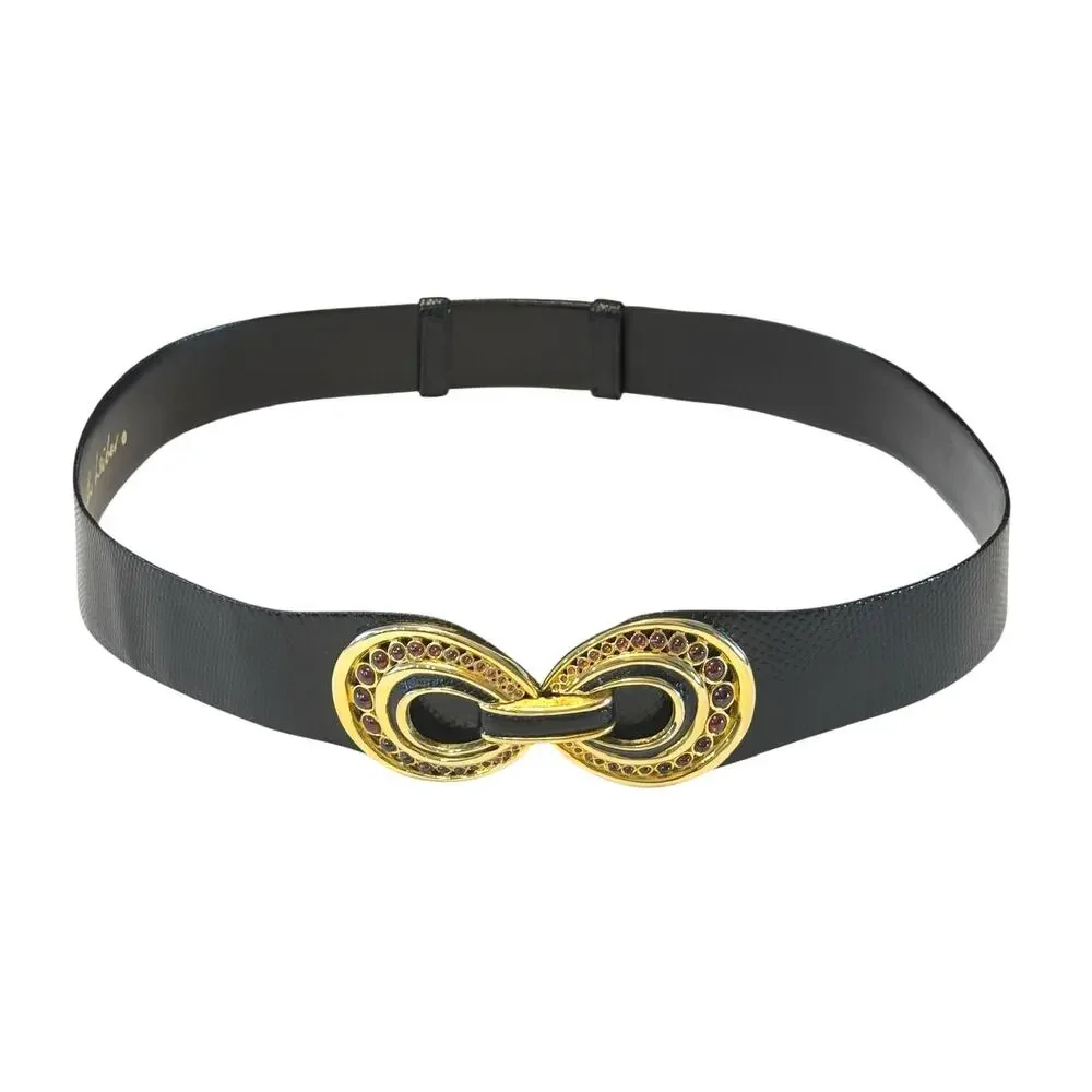 Judith Leiber Vintage Adjustable Belt w/ Interlocking Buckle - Black Leather
